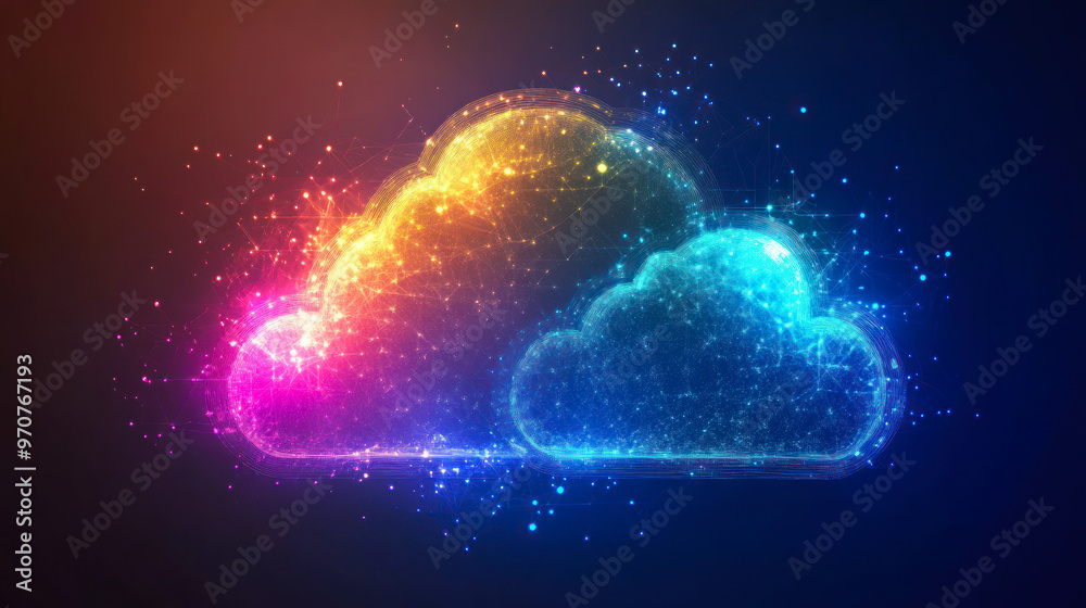 Poster Digital cloud computing technology concept. cloud computing. The data transfer and storage concept consists of a white polygonal interconnected structure within it