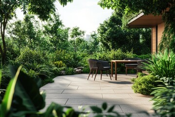 Obraz premium green garden of terrace with chairs and desk of wood