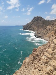 Cliff, waves crashing against the rocks