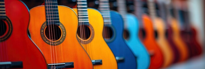 Row of colorful acoustic guitars in a music store