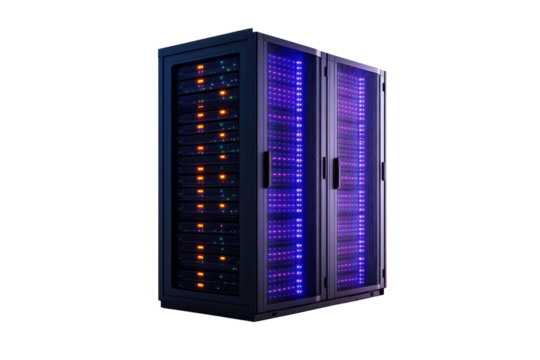 Modern data server with illuminated components showcasing advanced technology and efficient design for data storage solutions.