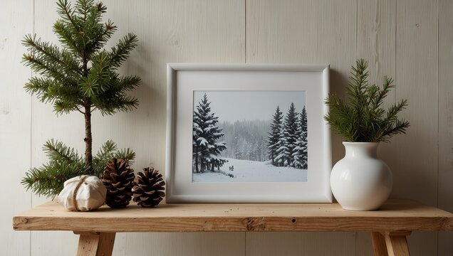 Winter still life. Horizontal white frame mockup on vintage wooden bench, table. Modern white ceramic vase with pine tree branches, Christmas paper ornaments and books. White wall background