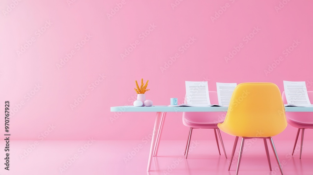 Poster Minimalist Pink Interior with Yellow Chair.