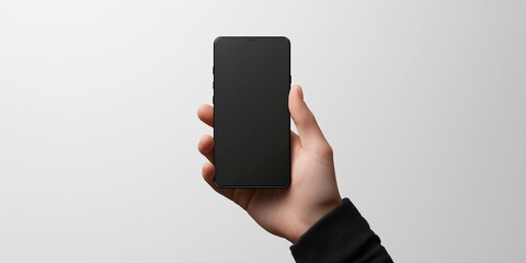 A hand holding a black smartphone against a light background, showcasing a minimalist and modern design with focus on the phone.