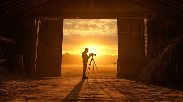A photographer captures a beautiful sunset in a rustic barn setting. The warm glow of the sun contrasts with the silhouette of the photographer. This image represents creativity and passion. AI