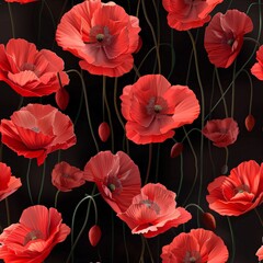 watercolor poppies pattern with a red flower background. ai generated