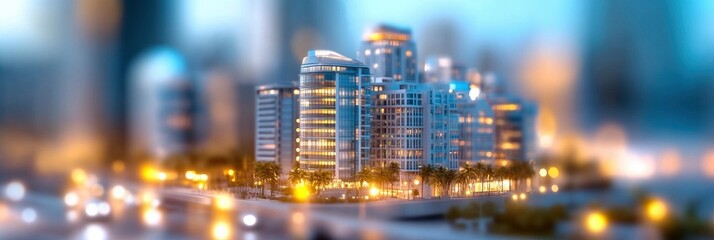 View from above of the downtown district buildings at night in the city.