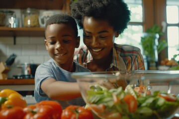 A mother and child team up in the kitchen to create a fresh salad, perfect for a family meal or snack