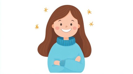 A cheerful girl with brown hair dons a cozy blue sweater in this charming illustration with a clean backdrop.