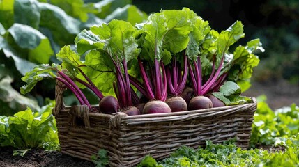 A basket of freshly picked beets (Beta vulgaris) with their deep red roots and lush green tops