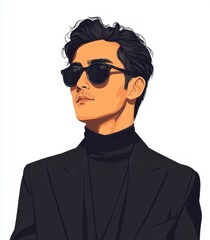 Fototapeta premium A sleek cartoon of an Asian man in shades and a suit, featuring simple lines and detailed design in a retro style.