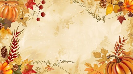 A warm and inviting Thanksgiving card background. The background might feature a cornucopia filled with an abundance of fruits and vegetables