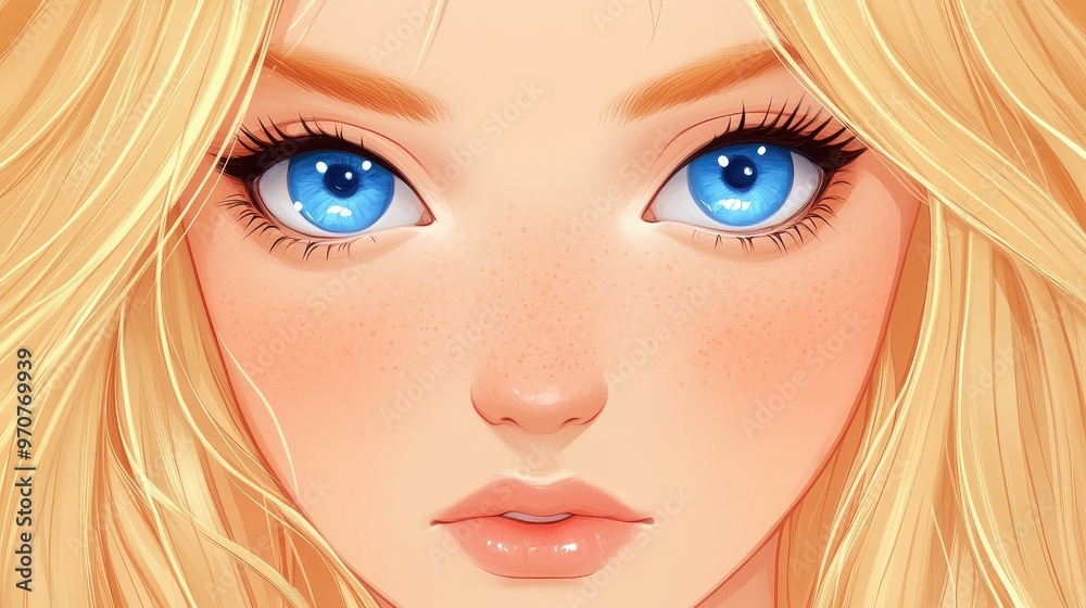 Poster a stunning blonde girl with bright blue eyes, illustrated in vibrant anime style, capturing a whimsi