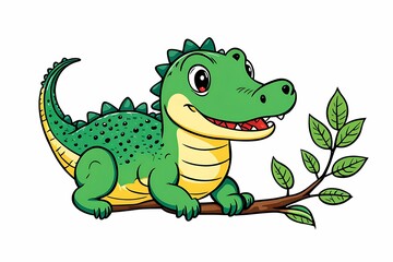 Fototapeta premium Cartoon Green Crocodile with Big Eyes on Branch