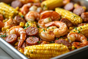 Delicious shrimp boil with corn and sausage in a tray