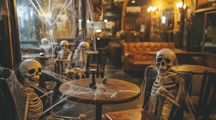 Spooky Halloween Cafe Setting with Skeletons and Haunting Atmosphere. Dimly lit vintage cafe interior with skeleton a moody,supernatural ambience perfect for the autumn holiday