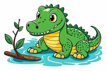 Fototapeta premium Cartoon Crocodile Sitting in Water with a Branch
