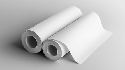 Blank white paper rolls isolated on gray background. Mockup paper for magazines catalogs or newspapers isolated on gray backdrop Printing house theme or wrapping paper for presents