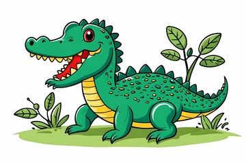 Cartoon Green Crocodile with Open Mouth in a Grassy Area