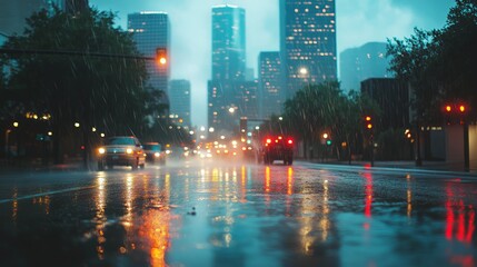 Fototapeta premium A city center on a day with rainfall.