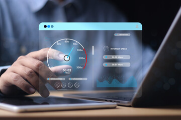Fast internet connection with Metaverse technology concept, Programmer people working laptop with Virtual screen of Internet speed measurement, Internet and technology concept, 6G High-speed internet