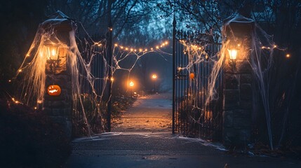 Fototapeta premium Spooky Front Yard Gate with Eerie Autumn Decor and Illuminating Lights in the Dark of Night - A mysterious and haunting scene of a gate leading into a yard filled with Halloween-inspired spider webs.
