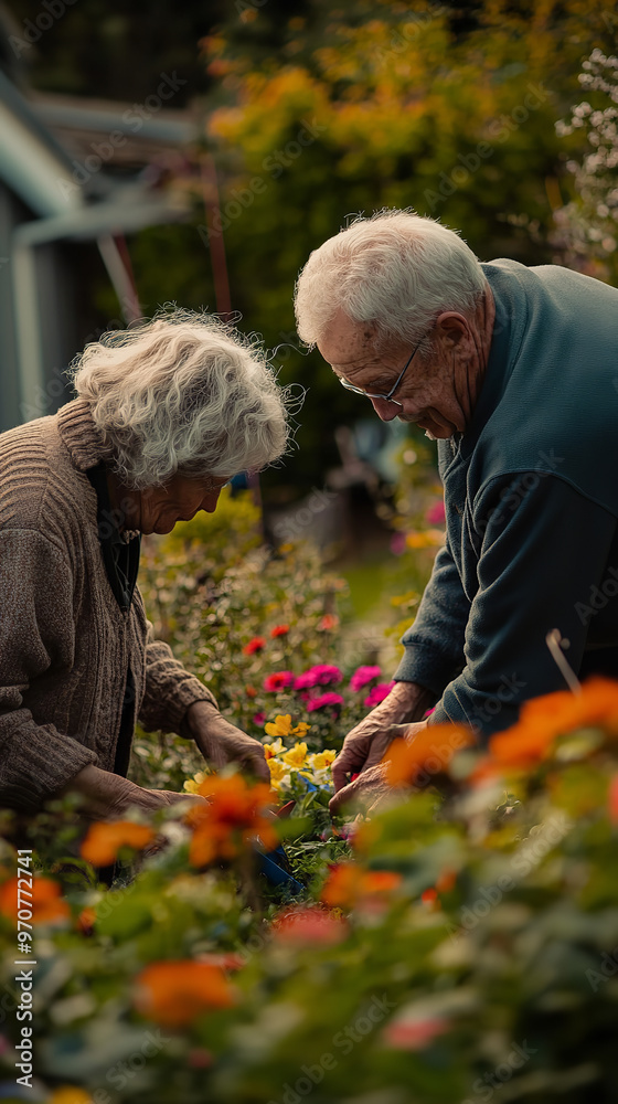 Poster Elderly Couple Gardening Together in Vibrant Backyard  