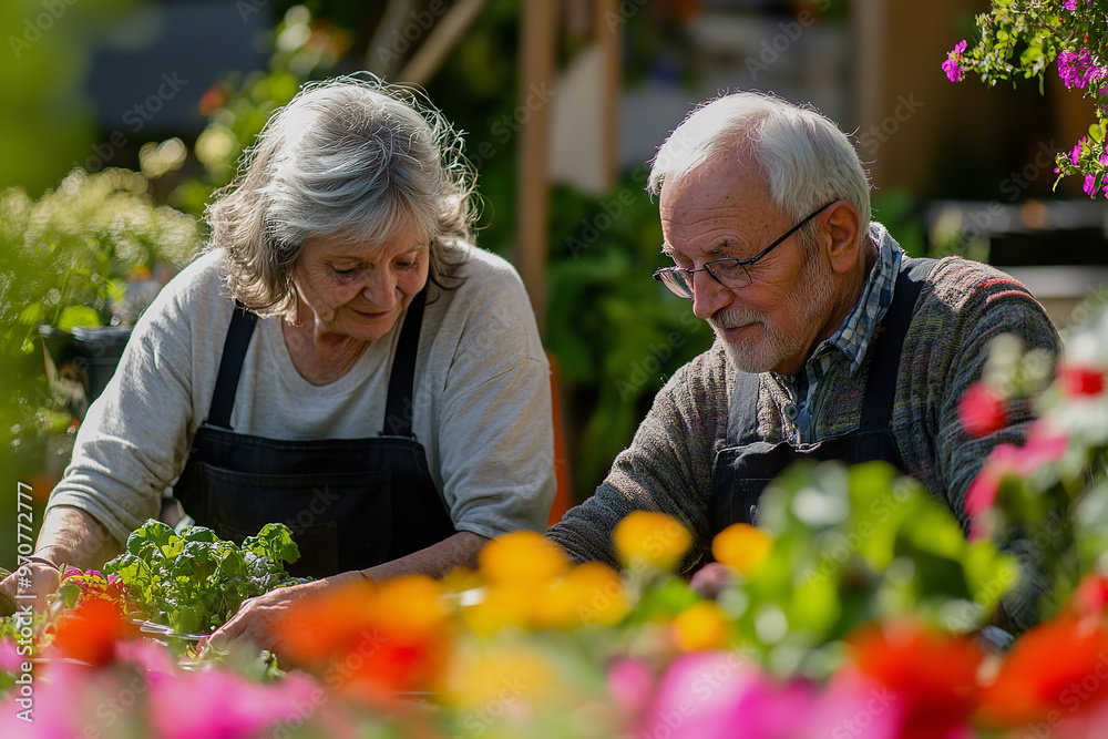 Poster Elderly Couple Gardening Together in Vibrant Backyard  