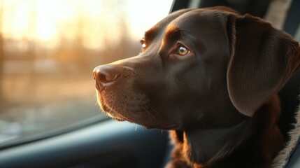 Chocolate lab riding in car looking out the window