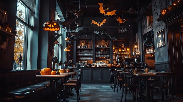 Atmospheric image of a stylish Halloween-themed bar or pub interior,featuring decorative elements like carved pumpkins,bats,cobwebs,and a dark,moody ambiance.