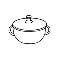 line drawing of a cooking pot featuring two handles and a lid.