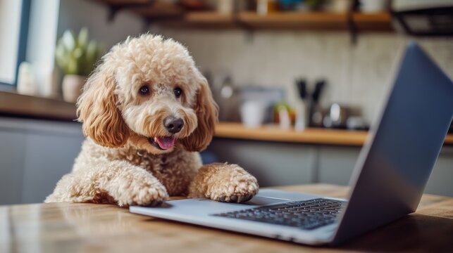 Labradoodle dog ordering online by internet for home delivery. Paws on laptop with a food shopping product selection. Concept for pets using technology or animals imitating humans. Selective focus.