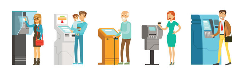 People Character Near ATM Machine Perform Operation Vector Set