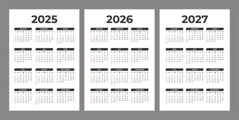 Set of 2025 2026 2027 Basic Calendar in White Background