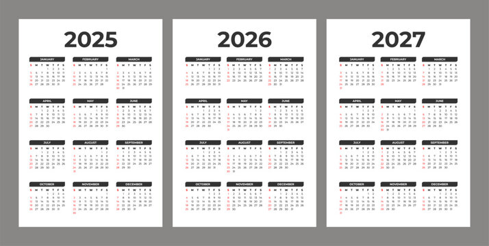 Set of 2025 2026 2027 Basic Calendar in White Background