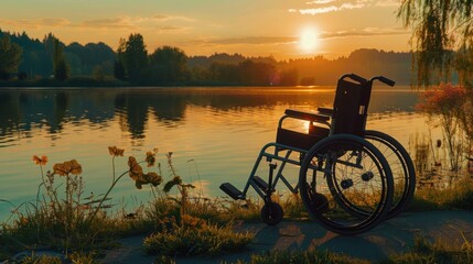 An empty wheelchair by a lake at sunset, displaying beautiful colors