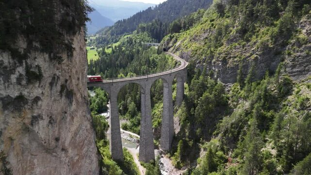 Train viaduct Swiss Switzerland Alps valley Landwasser, rail travel Europe