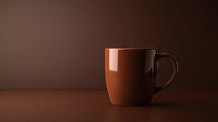 A minimalist shot of a brown ceramic mug filled with hot coffee against a dark brown background, representing warmth.
