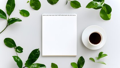 Minimalist flat lay of a blank white spiral notebook amidst coffee and green leaves on a pristine white backdrop