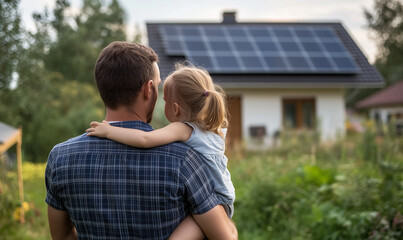 Fototapeta premium Rear view of dad holding her little girl in arms and showing at their house with installed solar panels. Alternative energy, saving resources and sustainable lifestyle concept.