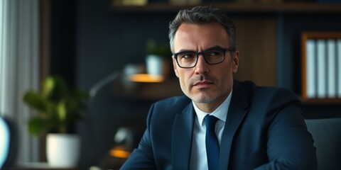 Fototapeta premium A professional man in a suit sits at his desk with a thoughtful expression. The setting is modern and stylish, conveying a sense of authority and confidence. Ideal for business themes. AI