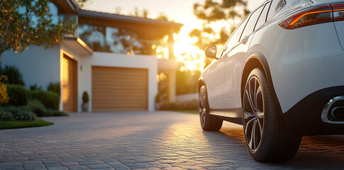 A car on the background of a modern house. The car is parked near the villa with a garage.