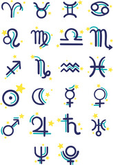 Astrological symbols with Star design for decoration on sign of zodiac and horoscope concept.