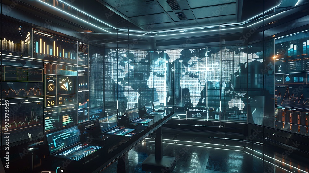 Poster a high-tech office with a focus on multiple screens displaying global data analytics, with graphs an