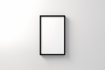 Blank black verticle black frame with white canvas hang center on clean white empty wall 3D art display mockup