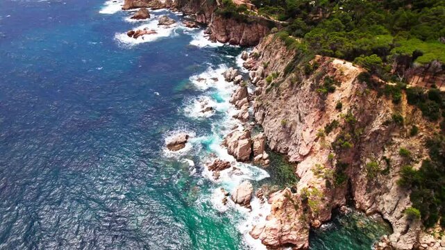 Tossa de Mar Beautiful Steep Sea Cliffs In Costa Brava, Catalonia Spain. Aerial Drone Shot