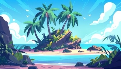 Tropical paradise. Island getaway. Tropical landscape with palm trees. Rocky beach with palm trees. Cartoon 2d game illustration background.
