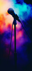 Obraz premium Microphone standing on an empty stage with colorful light and smoke. Mic on a stage