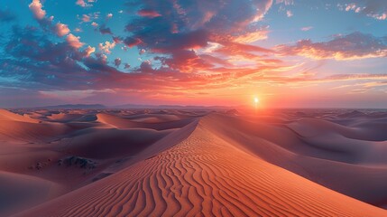Breathtaking sunset over a vast desert landscape with golden dunes and a colorful sky