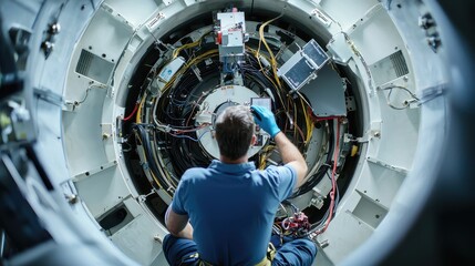 Inspection of Wind Turbine Tower Interior by Engineer: Wiring and Mechanical Components Examination for Maintenance